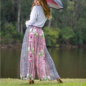 CIENNA wide leg palazzo floral pants pink blue green elastic waist small NWT